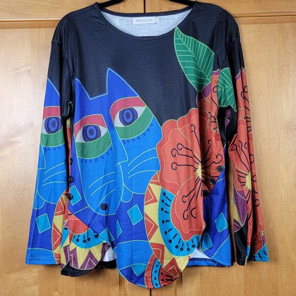 Miss Look Colorful Abstract Cat Tunic Top Button Details - S - Picture 3 of 9